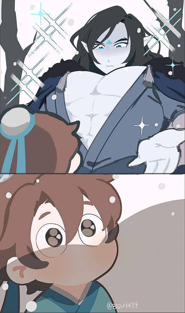 redraw of a meme with the top half showing mobei jun holding his hand out to shang qinghua with his chest protruding. The bottom half shows shang qinghua looking up with large eyes as a mobei jun's chest casts a shadow over his face.