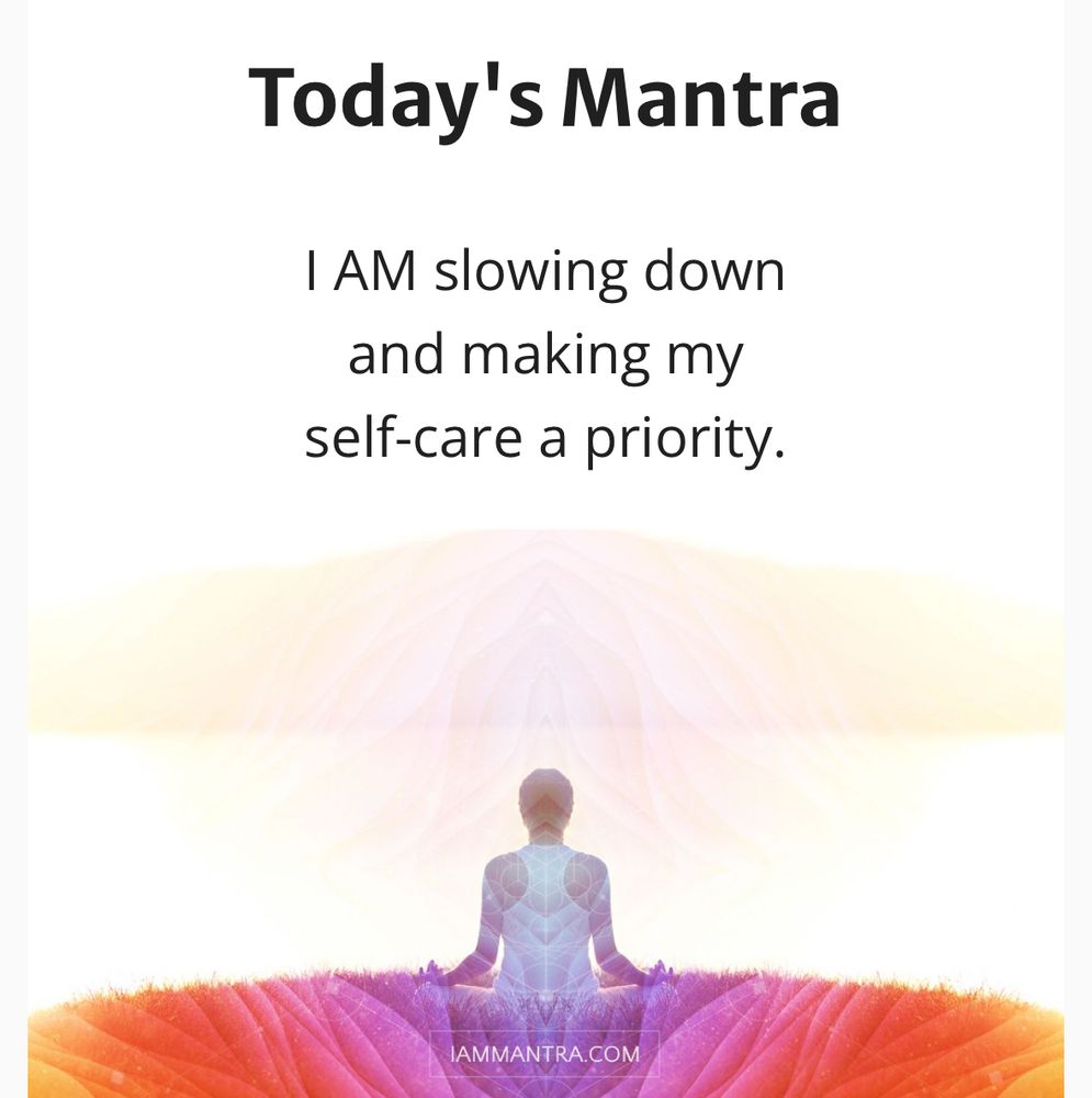 Today's Mantra
I AM slowing down and making my self-care a priority.

Person meditating in Burmese position on colored grass assumingly representing chakra awakening - yellow/orange (sacral and solar plexus chakras) and purple (crown or third eye chakra).