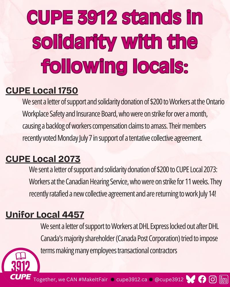 CUPE 3912 stands in solidarity with the
following locals:
CUPE Local 1750 
We sent a letter of support and solidarity donation of $200 to Workers at the Ontario Workplace Safety and Insurance Board, who were on strike for over a month, causing a backlog of workers compensation claims to amass. Their members recently voted Monday July 7 in support of a tentative collective agreement.

CUPE Local 2073
We sent a letter of support and solidarity donation of $200 to CUPE Local 2073: Workers at the Canadian Hearing Service, who were on strike for 11 weeks. They recently ratafied a new collective agreement and are returning to work July 14!

Unifor Local 4457
We sent a letter of support to Workers at DHL Express locked out after DHL Canada's majority shareholder (Canada Post Corporation) tried to impose terms making many employees transactional contractors