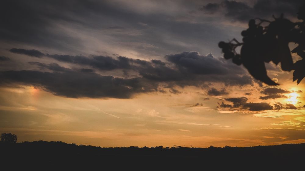 Das Bild zeigt einen Sonnenuntergang. Der Himmel ist mit dramatischen Wolkenformationen gefüllt, die in verschiedenen Grau- und Blautönen gehalten sind. Die untergehende Sonne taucht den Horizont in warme Gelb-, Orange- und Rottöne. Im Vordergrund sind Silhouetten von Bäumen und Büschen zu sehen, die sich dunkel gegen den leuchtenden Himmel abheben.