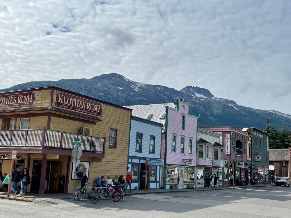Street in Skagway, Alaska showing several wooden buildings