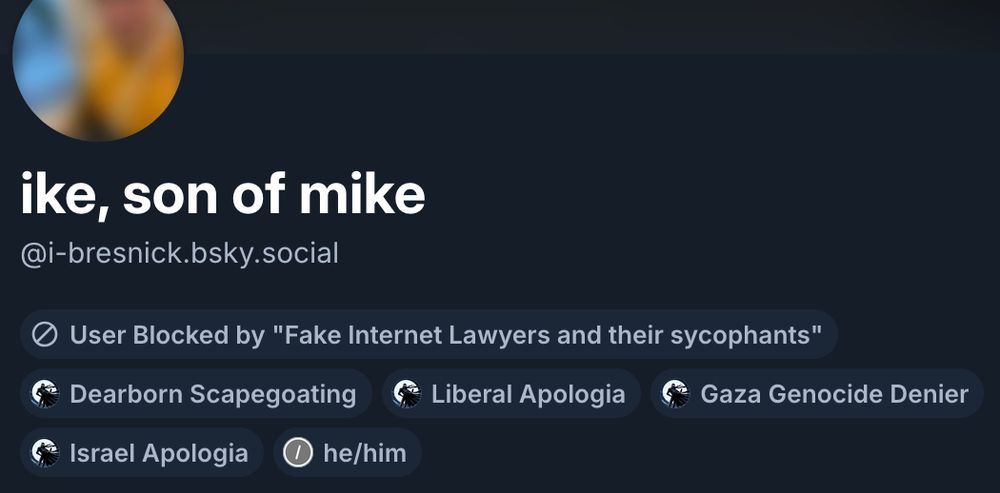@i-bresnick.bsky.social who is labeled for:
- Dearborn scapegoating
- liberal apologia
- Gaza genocide denial
- Israel apologia

he's also blocked by the list "Fake Internet Lawyers and their sycophants"