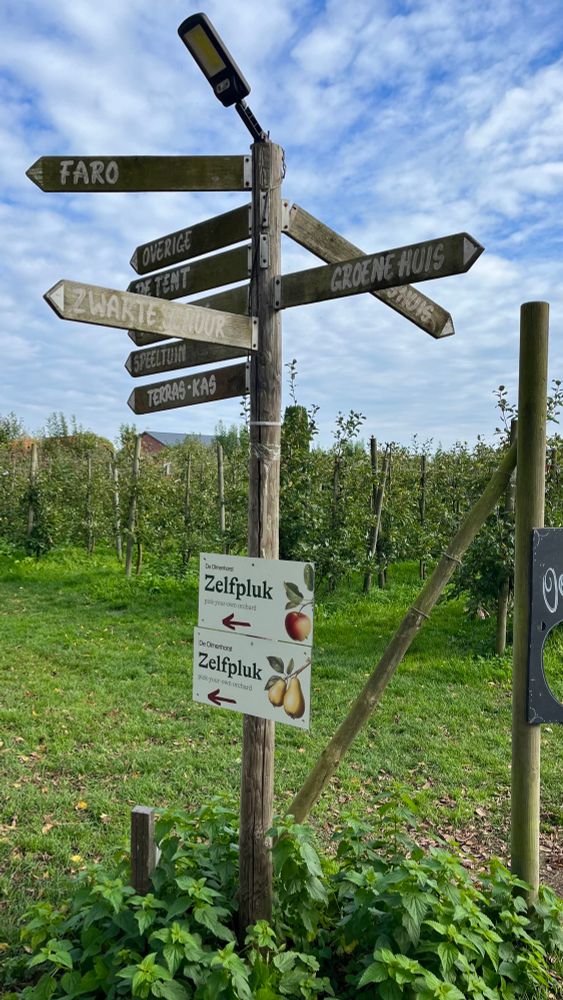 Ein Wegpfeiler mit vielen Abzweigungen auf dieser Plantage. Darunter die ik Farbe gekennzeichneten Wege zum selber pflücken. Es ist sonnig zu der Zeit auf dem Bild.