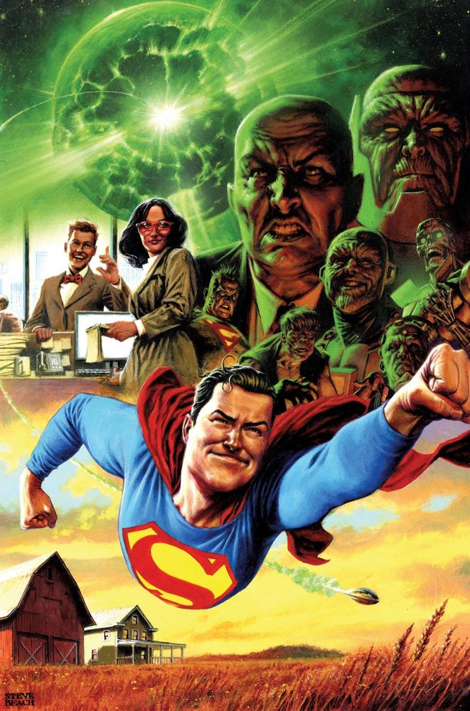 Cover to Action comics, issue 1047, drawn by Steve Beach, from 2023 (?). This comic book is published by DC comics, and depicts the adventures of a fictional comic book character called Superman.