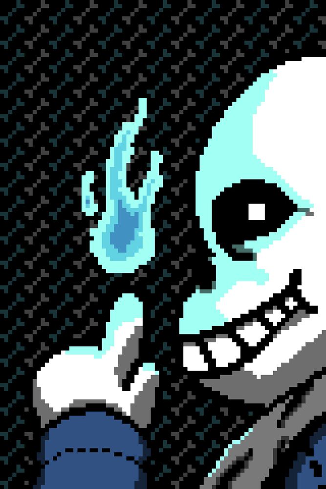A close-up profile shot of Sans from the game Undertale. He looks sidelong at the viewer while holding up one finger with a blue flame flickering above it. The background is a tiled blue and white bone pattern.