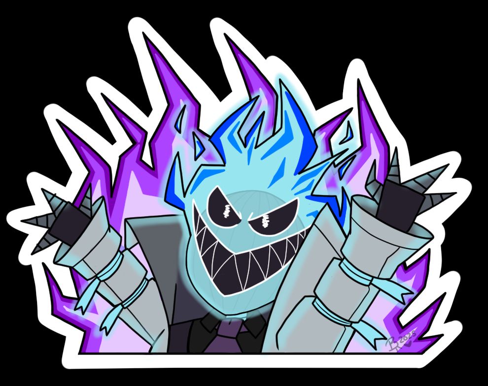 My character Felix Flint in the traditional Hellmo pose, but with purple electric flames in the bg instead of normal fire.