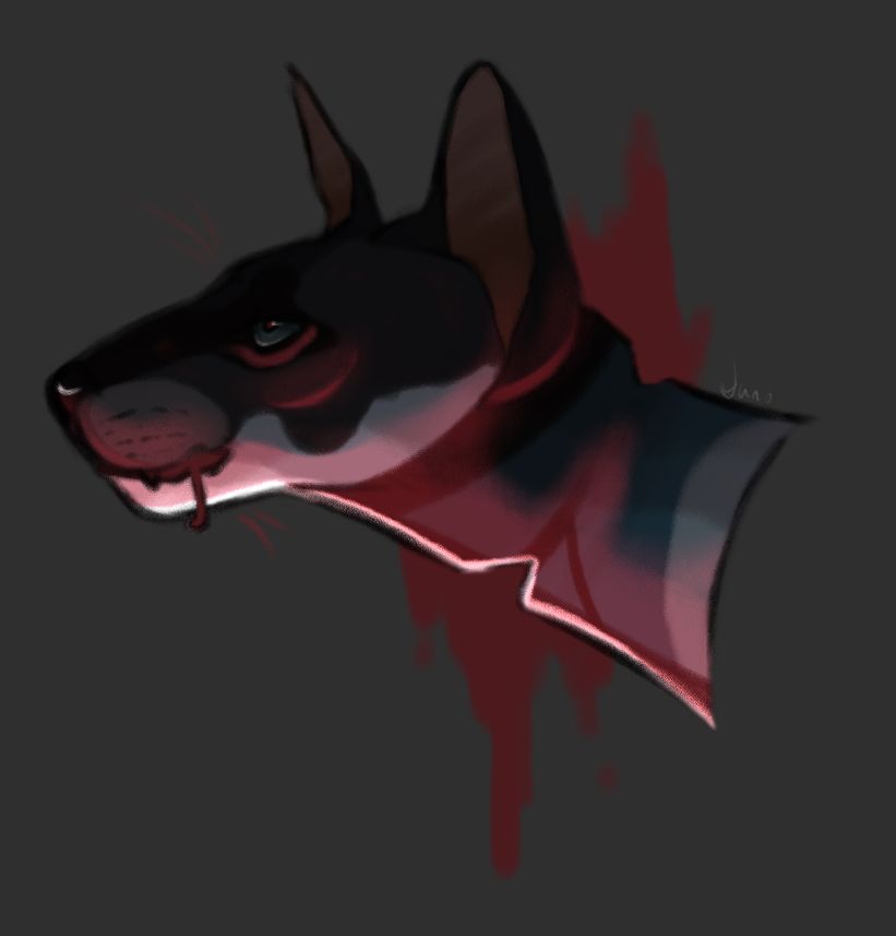 Side profile of an oriental shorthair cat oc with deep red lighting highlighting the lower portion of the head/neck, there is a divot on either side of the neck as a nod to his name, ‘Throatsnare’