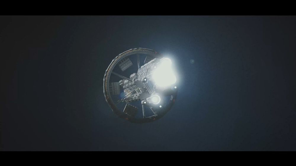 further away rear view of a spaceship render. the ship is very long with cargo containers and fuel tanks on the outside. also big rings.