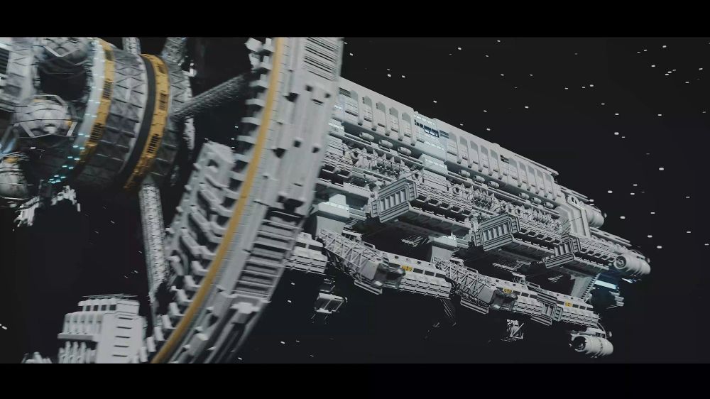 side view of a spaceship render. the ship is very long with cargo containers and fuel tanks on the outside. also big rings.