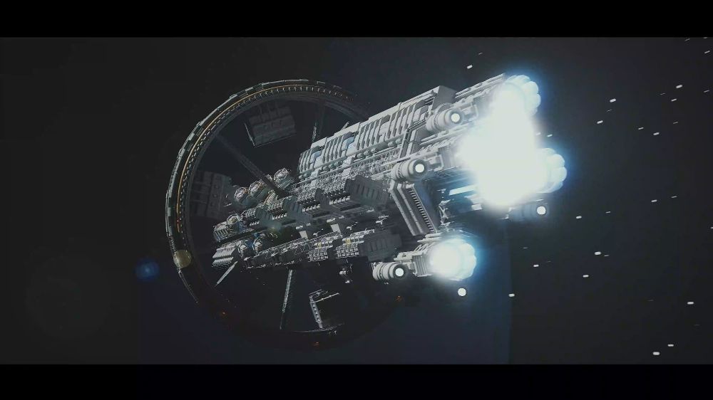 close up rear view of a spaceship render. the ship is very long with cargo containers and fuel tanks on the outside. also big rings.