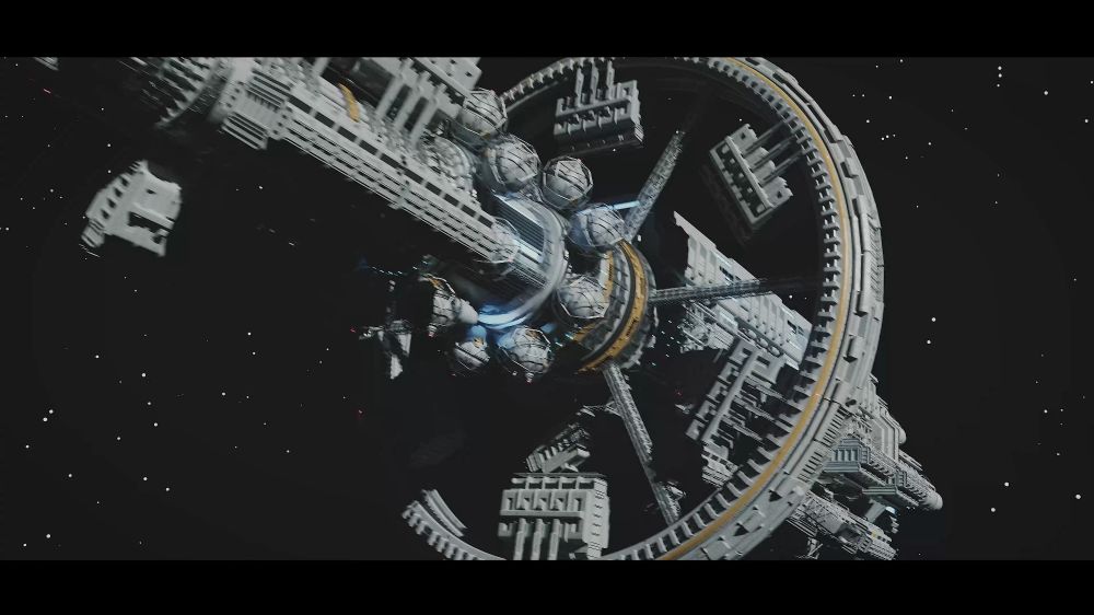 front view of a spaceship render. the ship is very long with cargo containers and fuel tanks on the outside. also big rings.