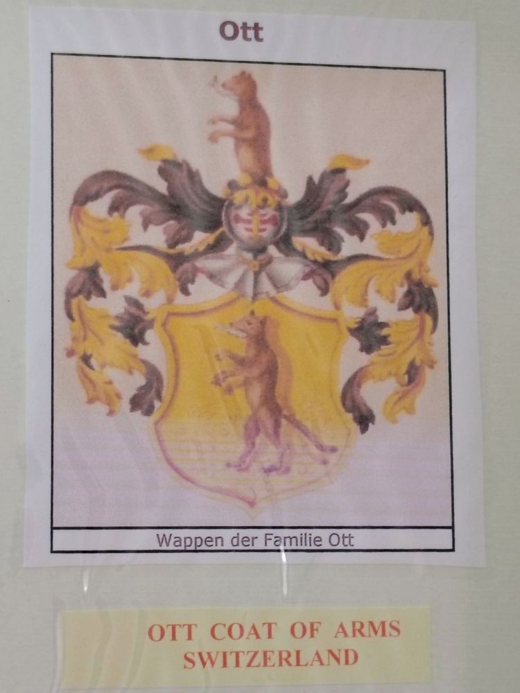 The Ott Family coat of arms. A golden shield, topped with  black and yellow Fleur de Lis style ornamentation sits on a field of white. Two otters adorn the emblem. 