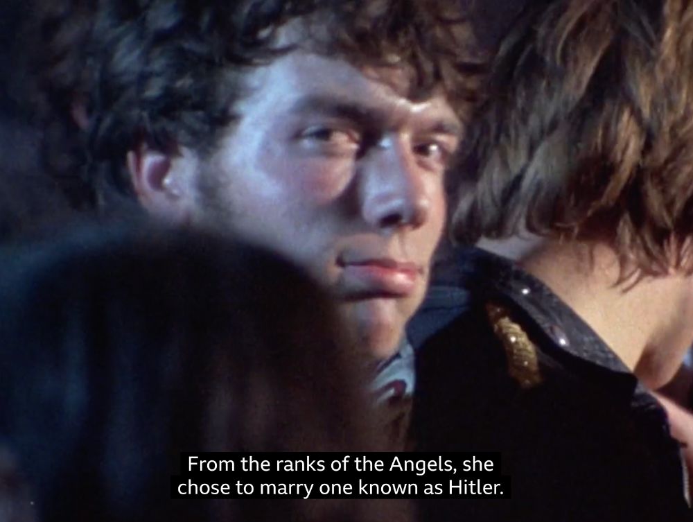 Oldbury Hell's Angels wedding BBC Man Alive documentary showing group of young denim and leather clad youths. Caption reads

From the ranks of the Angels, she chose to marry one known as Hitler.