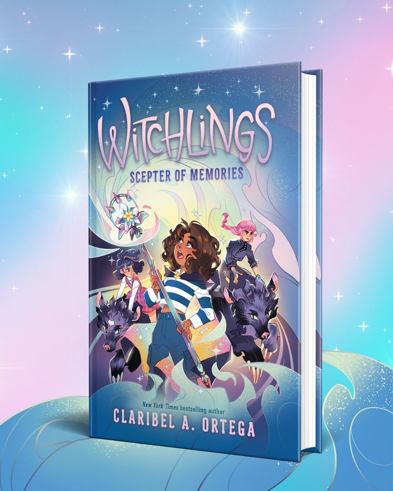 The cover of Witchlings: Scepter of Memories by Claribel A. Ortega, featuring three girls and two wolf-like creatures on a magical pastel background