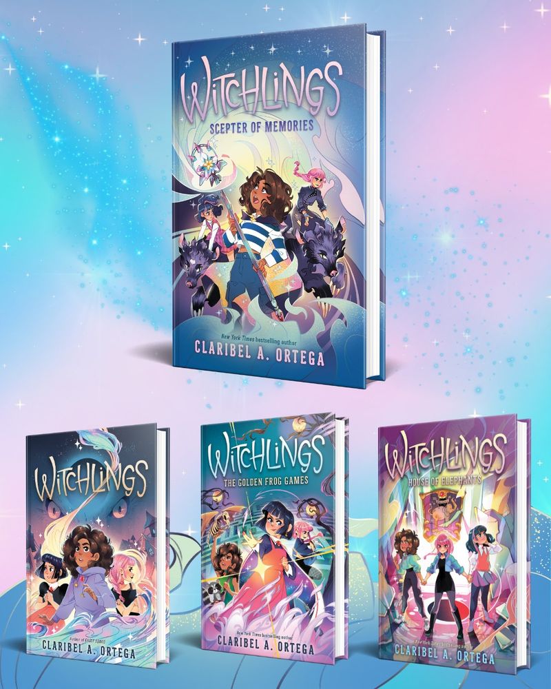 Four books from the Witchlings series by Claribel A. Ortega displayed on a magical pastel background. The newest book, Witchlings: Scepter of Memories, is featured at the top. The other three books, Witchlings, The Golden Frog Games, and House of Elephants, are shown below