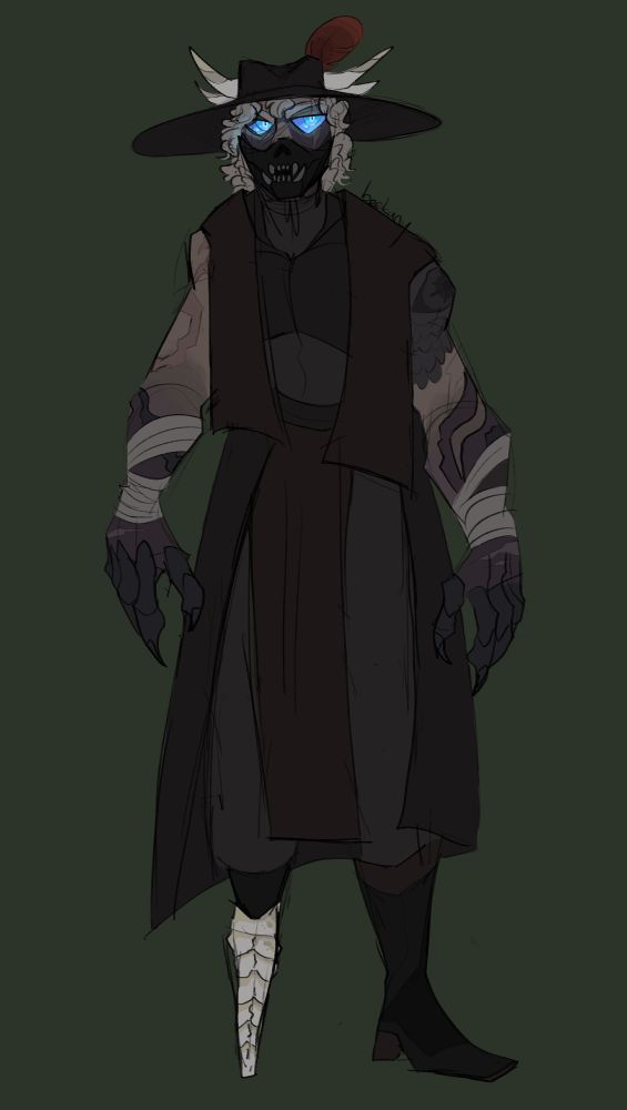 A tall heavily-scarred humanoid person, they have glowing blue eyes and messy curly white hair that goes to their shoulders. They wear a black mask with fanged teeth and a skeletal nose structure. They wear a brimmed cowboy-esque hat with bones and a feather on it. 
Their hands look mutated with long scaly fingers and large claws, it seems they may be cursed? 
They wear lots of dark brown and grey fabrics although their coat has no sleeves. 
They have a skeletal peg-leg while their regular foot wears a dark cowboy boot. 