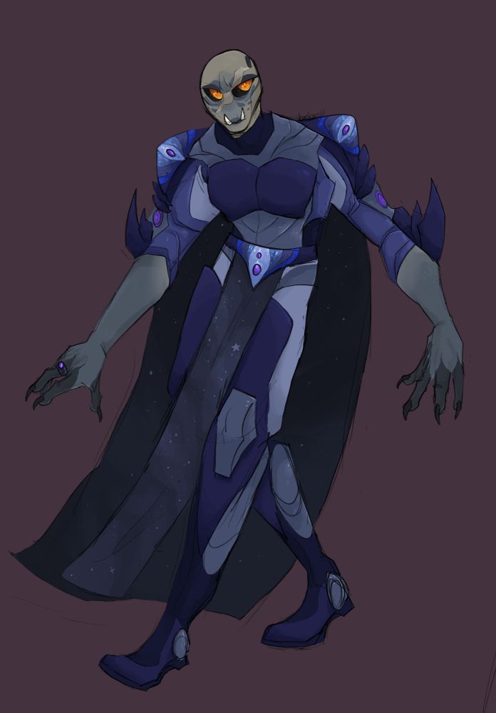 a brown/grey alien woman with intense orange/yellow eyes and large tusks protruding out of her mouth from her bottom jaw, she has long nails and darker grey patterns on her skin. She wears armour that has a blue and grey colour scheme, adorned with purple gems and pretty blue patterns. She wears a grey cape and loincloth that have starry patterns on them. Gill has a jagged scar across her face too. 