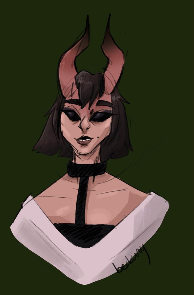 the new demon-woman from fortnite Oni Hunters, she has pale skin with horns that have a pink to black gradient, her eyes are black and her hair is brown, her eyebrows are black, she is showing her teeth slight in a smile and a beauty mark on the left side of her lip, the artwork is very sketchy and messy. 
