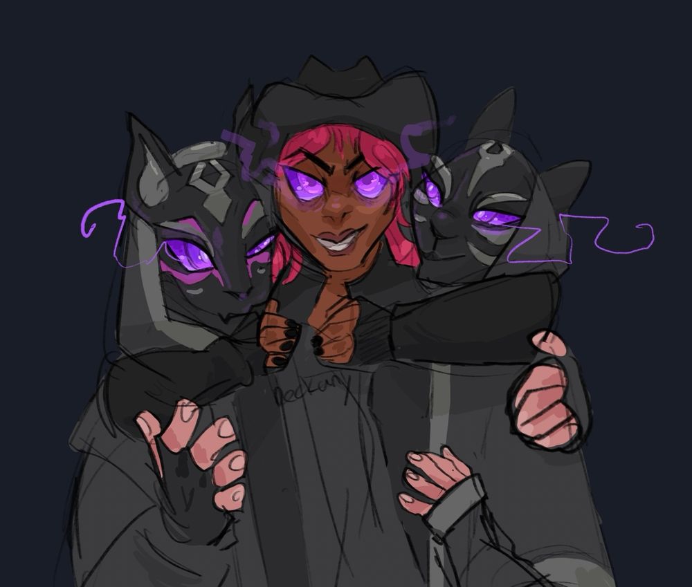 Riftreaver drift, omen hunter calamity, and purple catalyst from fortnite all with matching purple/black colour schemes. Calamity pulls both of the fox clan hunters close to her sides and squashes them while smiling toward the camera, drift and catalyst laugh and look at her, looking slightly squished. All three have glowing purple eyes with spooky effects 