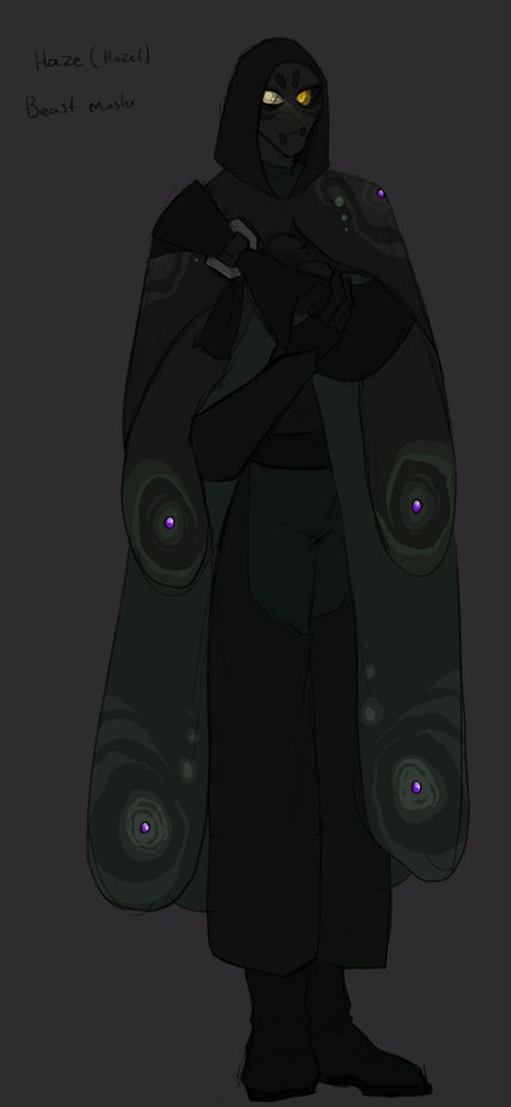 a black alien woman with yellow eyes (her right eye is blind) and markings on her face and hands. She wears a cloak that resembles moth wings and is dark green, she has chaps on beneath the cloak and black boots. She has a baby strapped across her chest and rests one hand over the sling on the baby's back. 