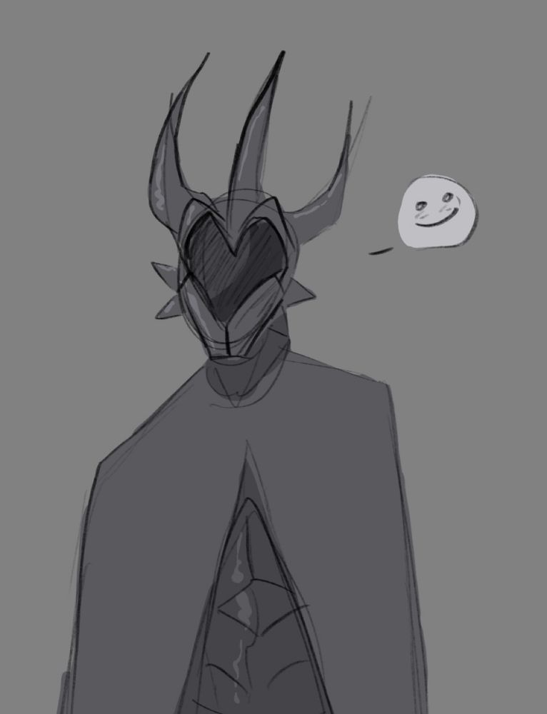 A character in armour coloured in grey scale, there is a tiny speech bubble with a blushing smily face 