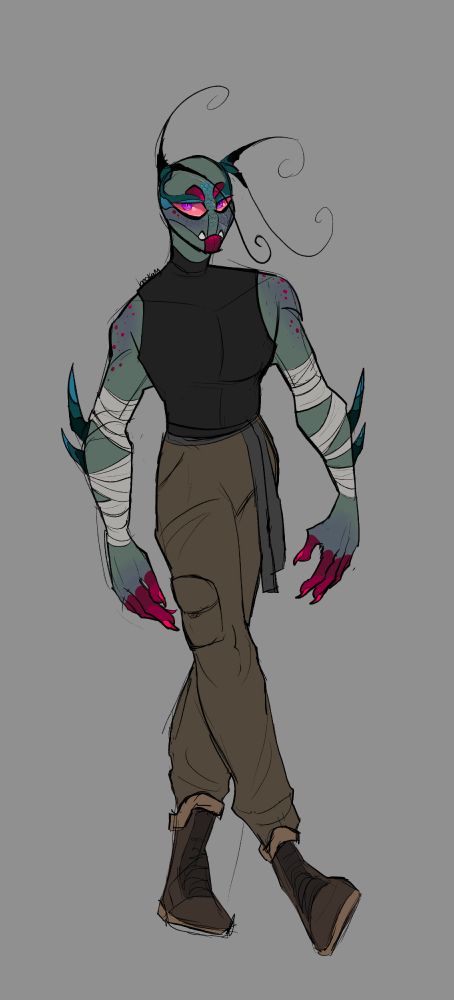 blue/green alien woman with four long curly antenna, an underbite, dark red freckles and markings. Her arms are wrapped in bandages and she is wearing a black sleeveless shirt with brown cargo pants and brown boots. She has pink/purple eyes and looks slightly off camera while she walks toward the right side of the screen. 