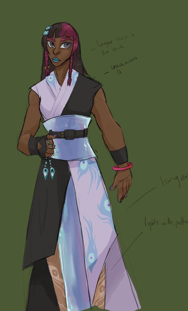 Iridia Vayne from fortnite but with longer hair, longer robes, tights with patterns on them that match the evil eye patterns of her robes, and teal lipstick to match her jewelry. 