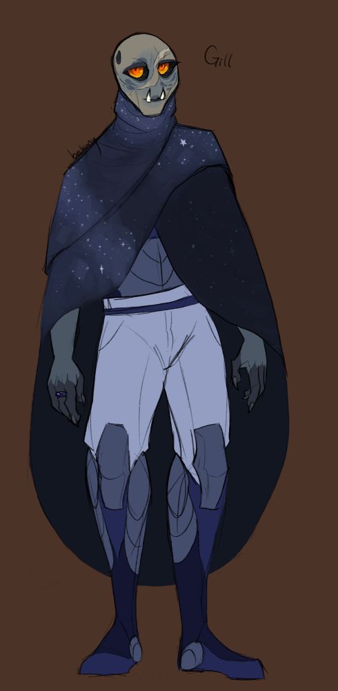 alien woman with grey skin and blue grey stripes and markings, she has large tusks on her bottom jaw and orange/yellow eyes. She wears blue/grey armour covered in a cloak that looks like the night sky. She has a scar that is curved across her face.