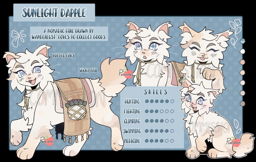 a coloured fullbody, chibi and two bust shots of a cat oc on a blue background. the text reads, "sunlight dapple", "a nomadic girl drawn by wanderlust. loves to collect goods", "tufted ears" and "short tail". 