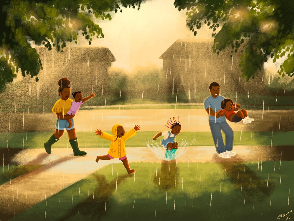 A Black family frolics outside as it rains. The sun peeks through the rainclouds and gives everything a golden glow. Illustration by Alleanna Harris. 