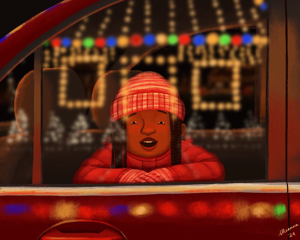 A little Black girl looks out of the car window at Christmas lights with a sense of wonder. She’s wearing a knit pink hat and gloves, a red puffer jacket, and box braids. Illustration by Alleanna Harris. 