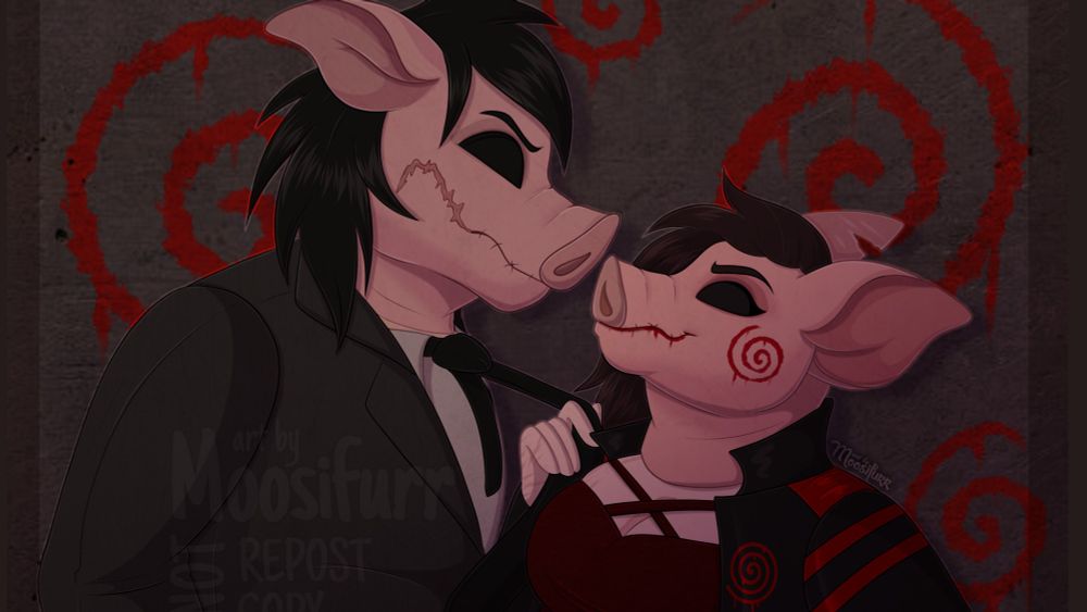 Drawing of Mark Hoffman from Saw wearing a pig mask being bullied by my Saw sona wearing her own pig mask