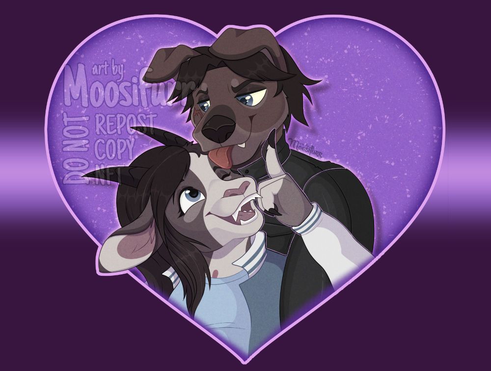 Two furry characters in a purple heart. Jersey Devil goat is poking the taller dog character