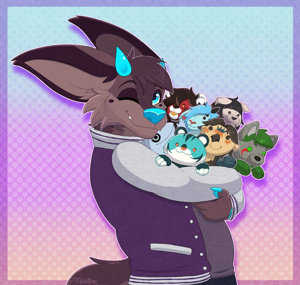Drawing of my main sona Moose, a horned dog, hugging plushies of my friends