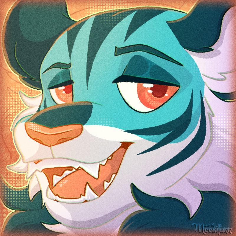 headshot art of a blue tiger smiling with sleepy eyes