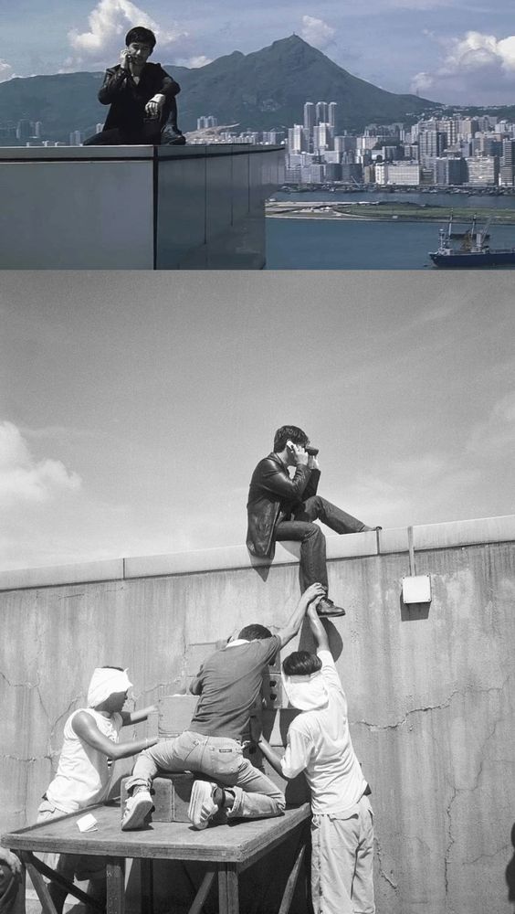 Dos imagenes de la escena iconica de Infernal Affairs, arriba Tony Leung to chulo al borde de la azotea, abajo, detrás de las cámaras donde enseñan que toda la seguridad que tenía eran dos señores agarrándole por un pie.