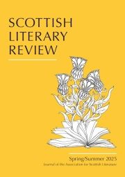The yellow cover for the journal, Scottish Literary Review. It features a black and white line drawing of a stylised thistle growing from the open pages of a book.