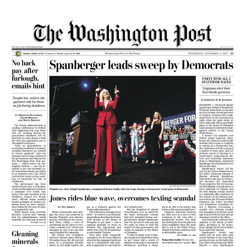 sulla prima pagina del Washington Post la vittoria della candidata democratica Spanberger, prima donna governatrice in Virginia