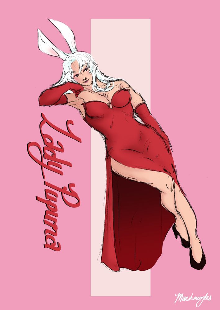 Colored digital sketch with a simple pink background and a paler pink inset.

Artfight entry for Lady Pupuna, a white haired viera in a red dress with matching long gloves leans on her name.