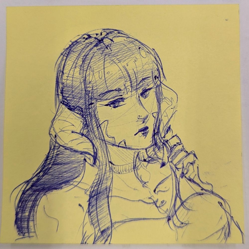 ballpoint on post it

3/4 headshot of Rei, looking up at the viewer as she winds a strand of hair around a finger
