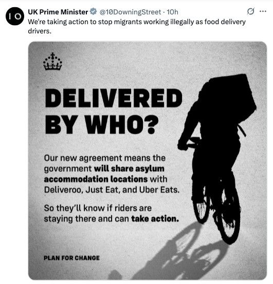 We're taking action to stop migrants working illegally as food delivery drivers.

DELIVERED BY WHO?

Our new agreement means the government will share asylum accommodation locations with Deliveroo, Just Eat, and Uber Eats.

So they'll know if riders are staying there and can take action.
