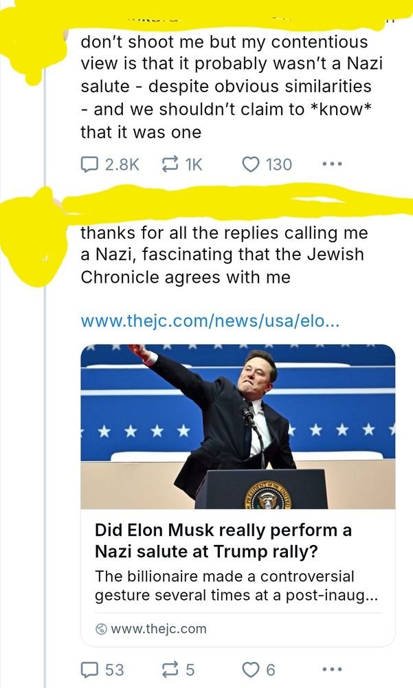 Two-tweet thread, saying what Musk did "probably wasn't a Nazi salute" and posting a Jewish Chronicle piece supporting the claim