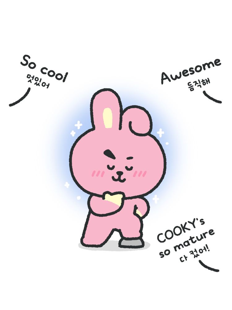 a cartoon drawing of a pink bunny with a smug look on his face with the words "So cool" "awesome" and "Cooky's so mature" around him with the Korean translation of those words below them in Hangul