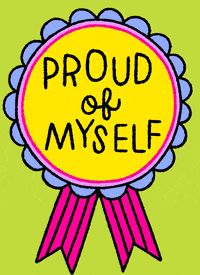 a yellow badge that says proud of myself with a pink ribbon