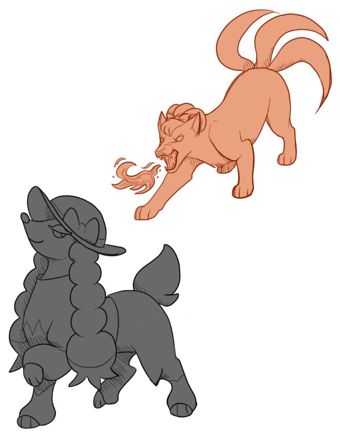 A sketch of a Ninetails with 3 tails breathing fire.
A sketch of a shiny Debutante Furfrou.
