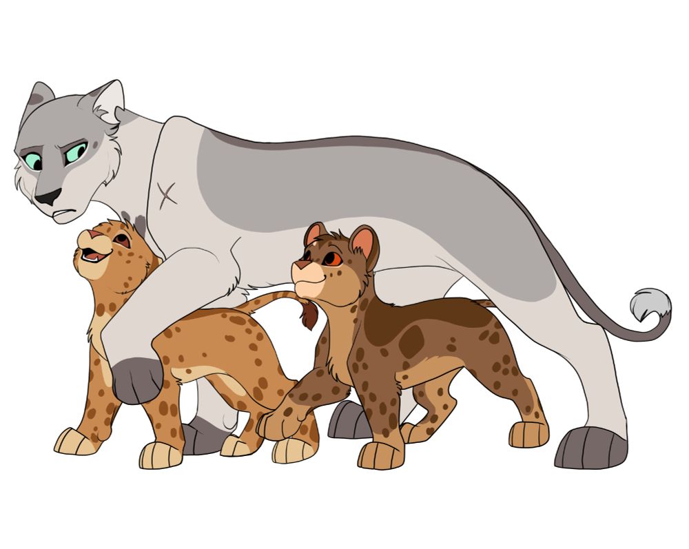 A pale cream and silver lioness attempting to walk while two cubs walk underneath her. One cub is gold and the other brown, with darker brown markings. (OCs: Vanity, Eventide, Truth)