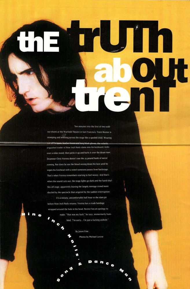 First page of the main Nine Inch Nails feature in Option Magazine, July/August 1994 featuring Trent Reznor.