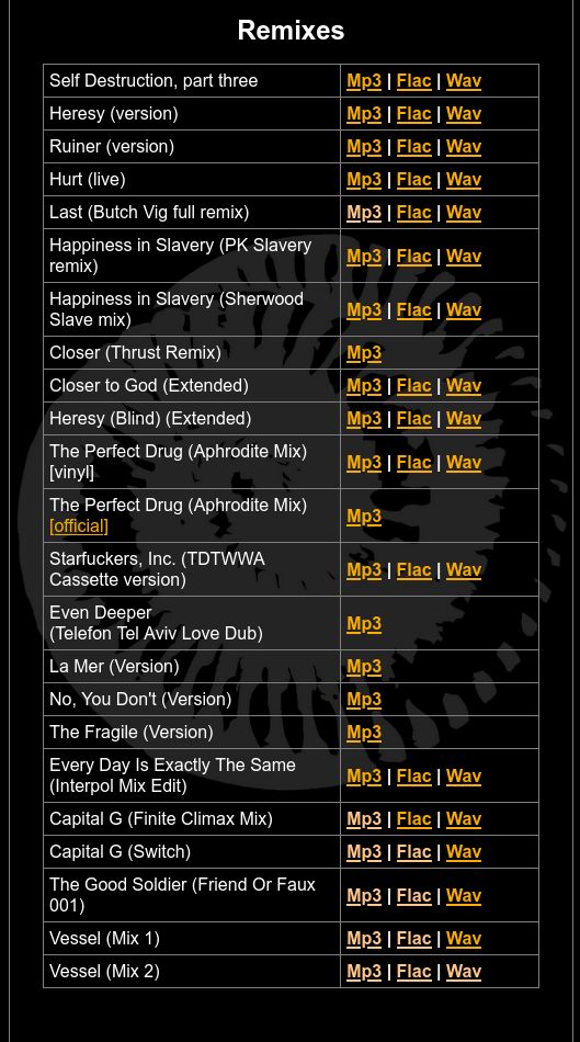 List of remixes available to play or download at nindestruct.com (mobile version). Newly-added remixes from Year Zero Remixed vinyl are at the bottom.