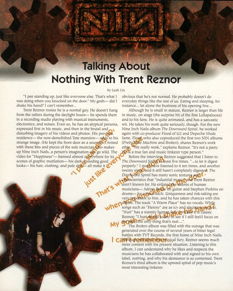 Page taken from Axcess magazine 1994, featuring an interview with Trent Reznor.