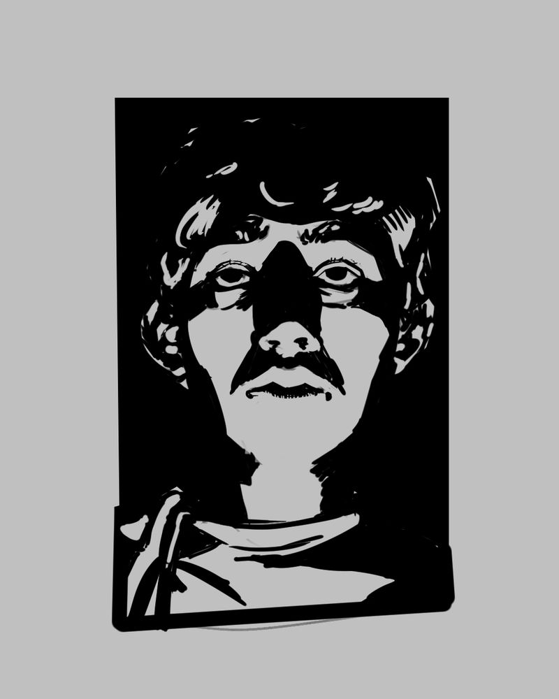 Arte estilo Notan (2 tons, preto e branco) de um rosto olhando para cima, a iluminação vem de baixo e grande parte do superior do rosto está em sombra.